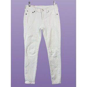 True Religion Women 27 Jeans World Tour Moto White Biker Ribbed Knee Stretch Y2K